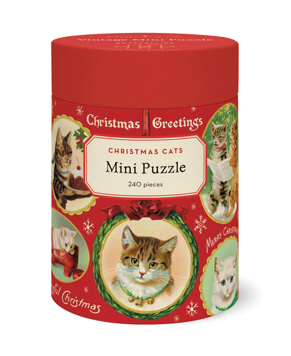 Red cylindrical puzzle box with Christmas-themed cat illustrations on a white background.