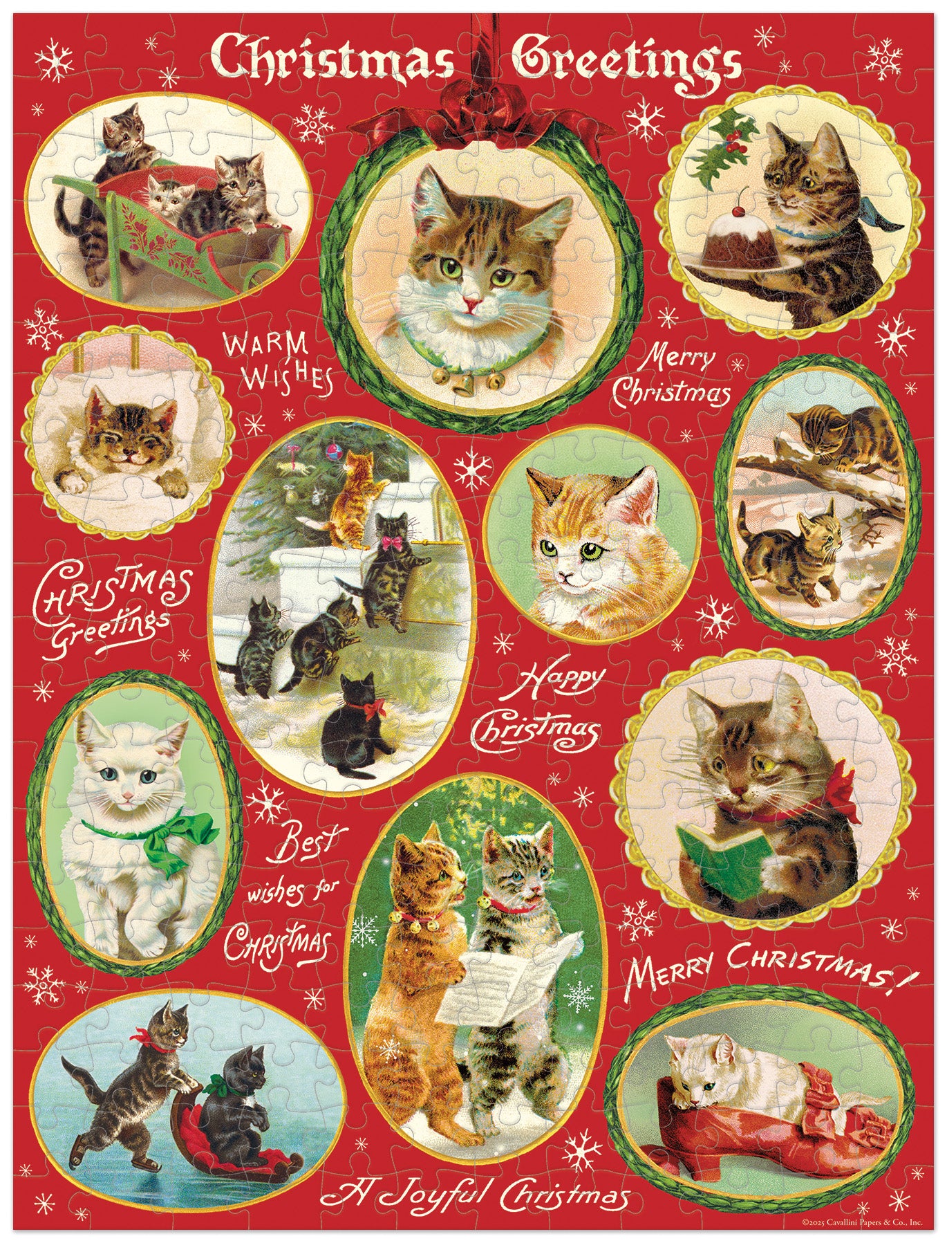 Vintage-style Christmas puzzle with cats and festive text on a red background.