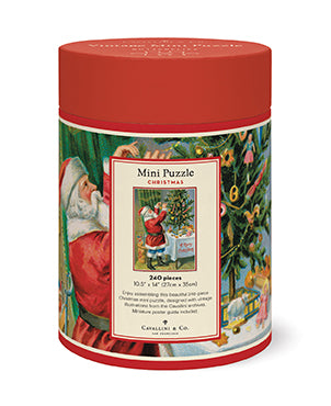 Christmas-themed mini puzzle in a decorative canister with Santa Claus illustration.