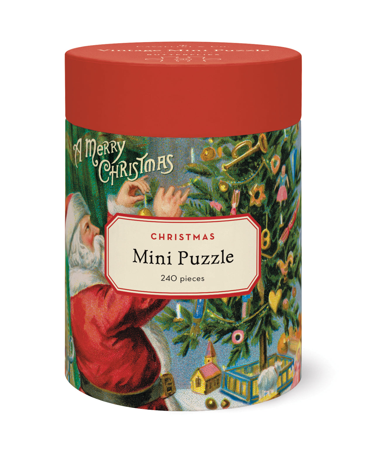 Christmas mini puzzle packaging with Santa Claus and tree design on a white background.