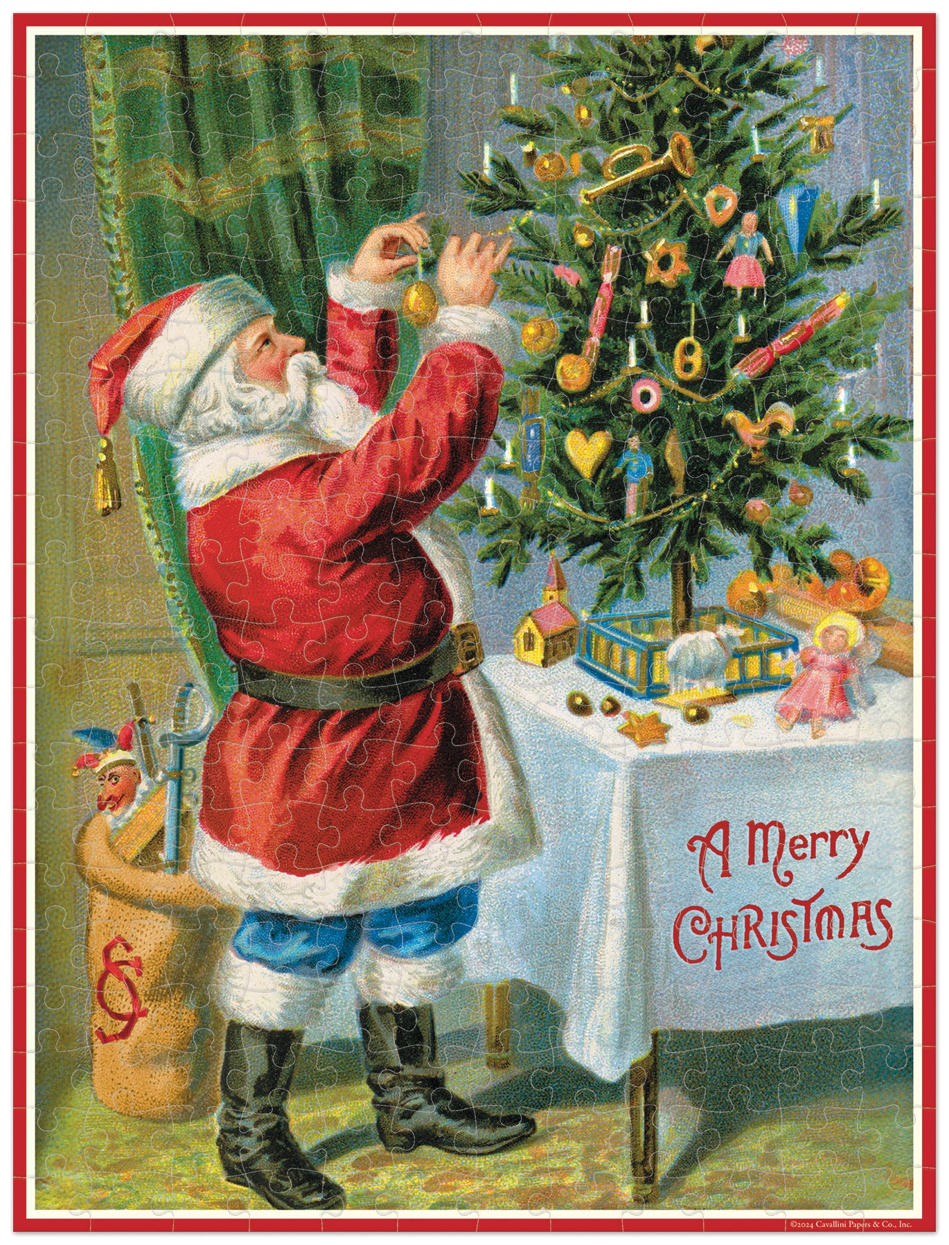 Vintage-style illustration of Santa Claus decorating a Christmas tree with ornaments.
