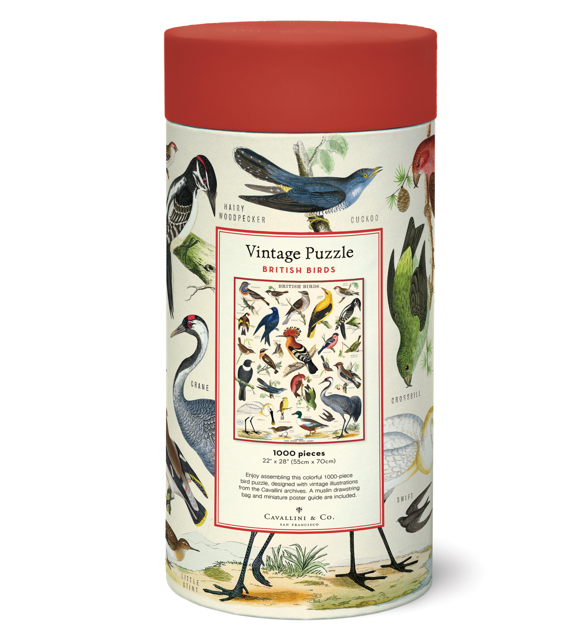 A cylindrical puzzle box labeled &quot;British Birds Puzzle&quot; from the Cavallini Papers &amp; Co archives, with illustrations of various bird species on it.