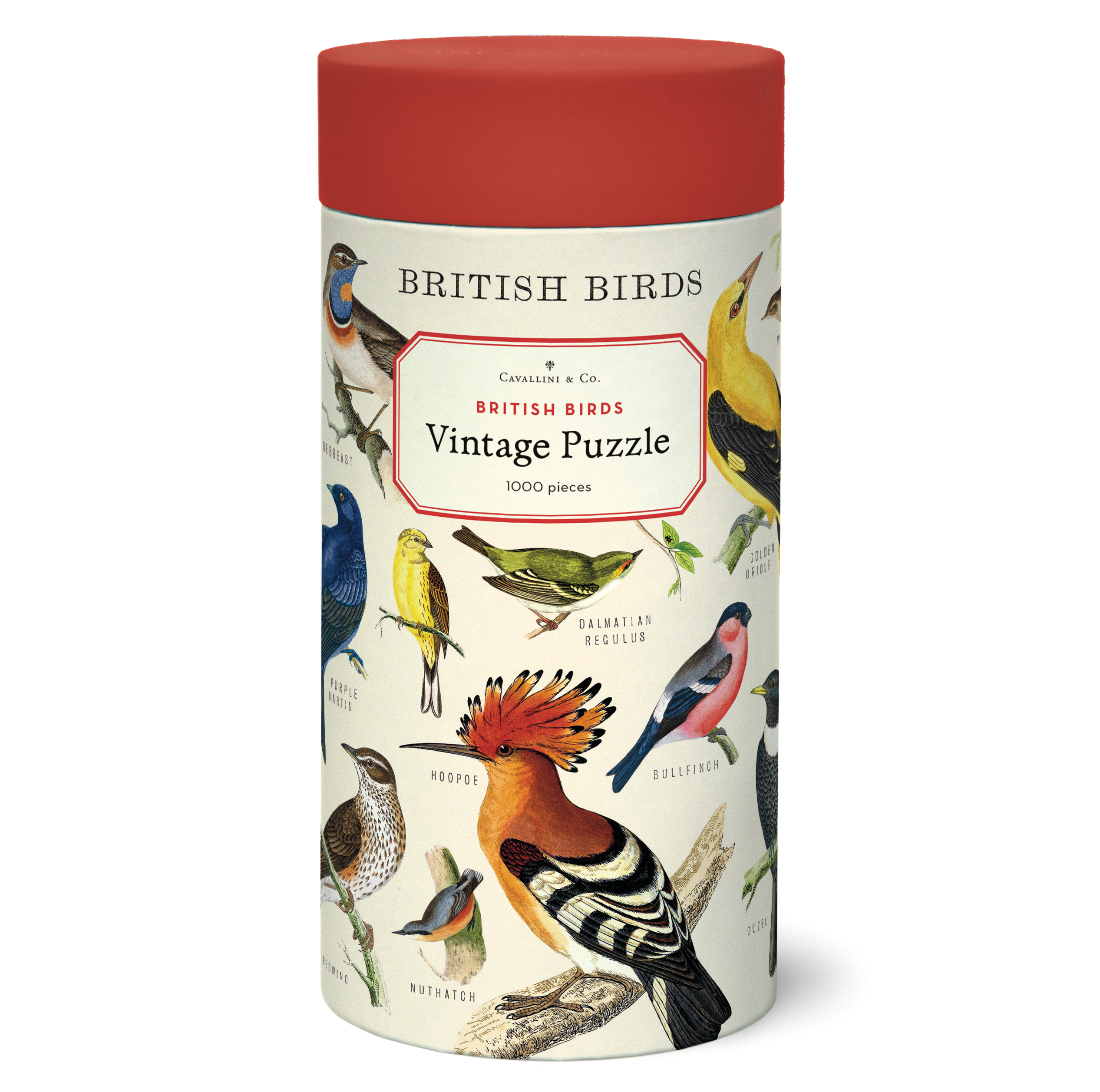 A cylindrical puzzle box labeled "British Birds Puzzle" from the Cavallini Papers & Co archives, with illustrations of various bird species on it.