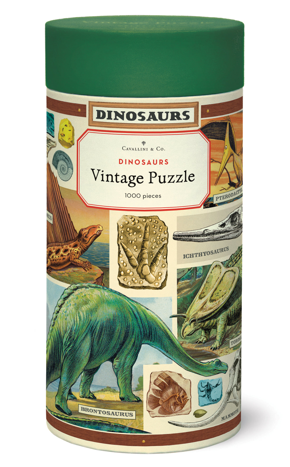 Dinosaurs Puzzle box showing vintage illustrations of dinosaurs in a cylinder tube with a green lid.
