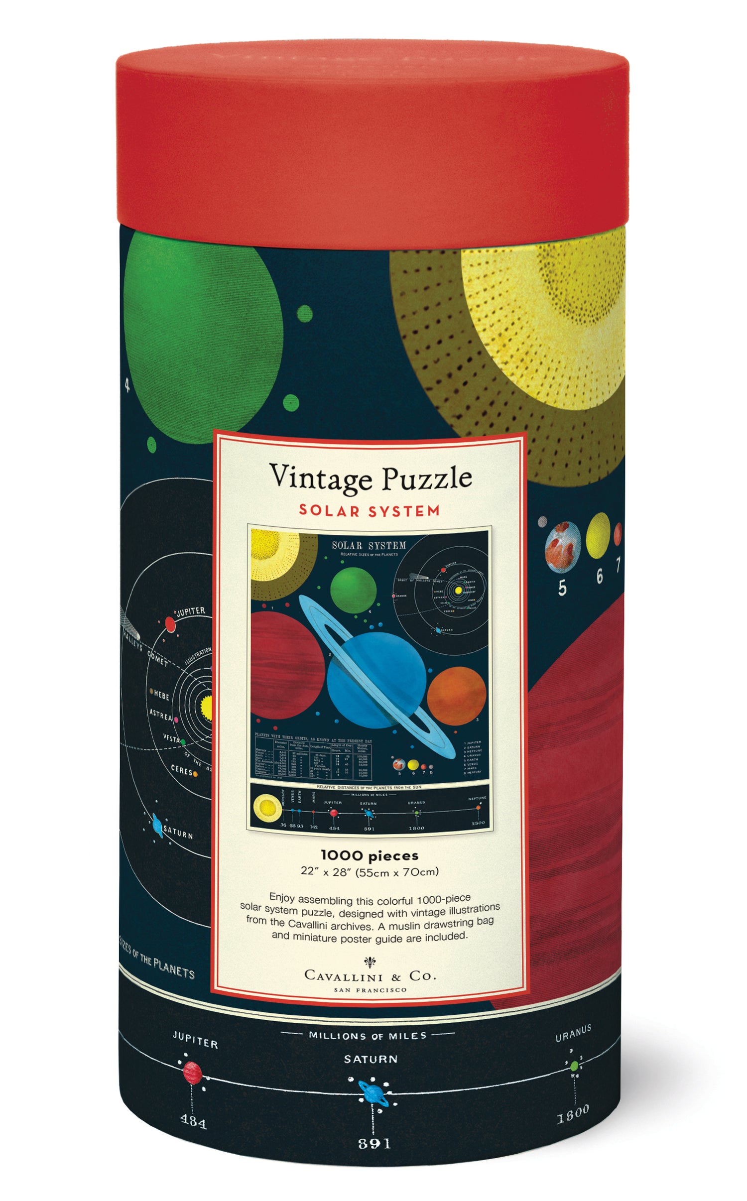 The back of the Solar System Puzzle by Cavallini showing the assembled puzzle and puzzle inforrmation.