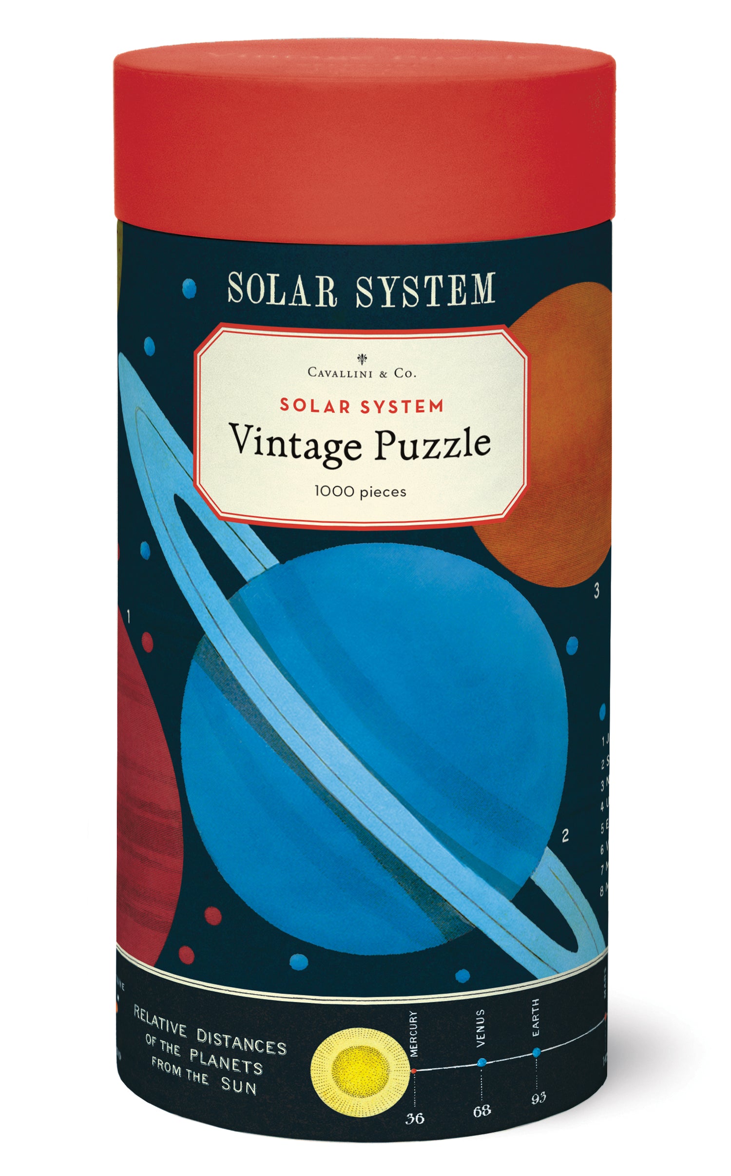 Solar System Puzzle by Cavallini in a cylinder tube with images of the solar system and a red lid.