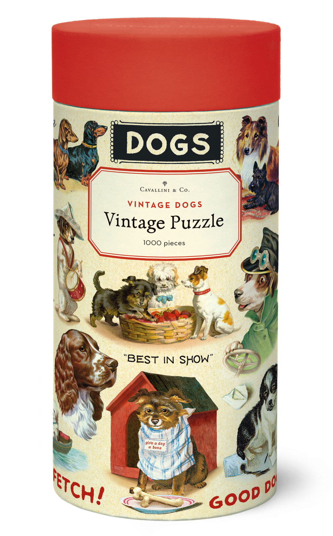 Vintage Dogs Puzzle by Cavallini in a cylinder tube with illustrations of whimsical dogs and a red top.