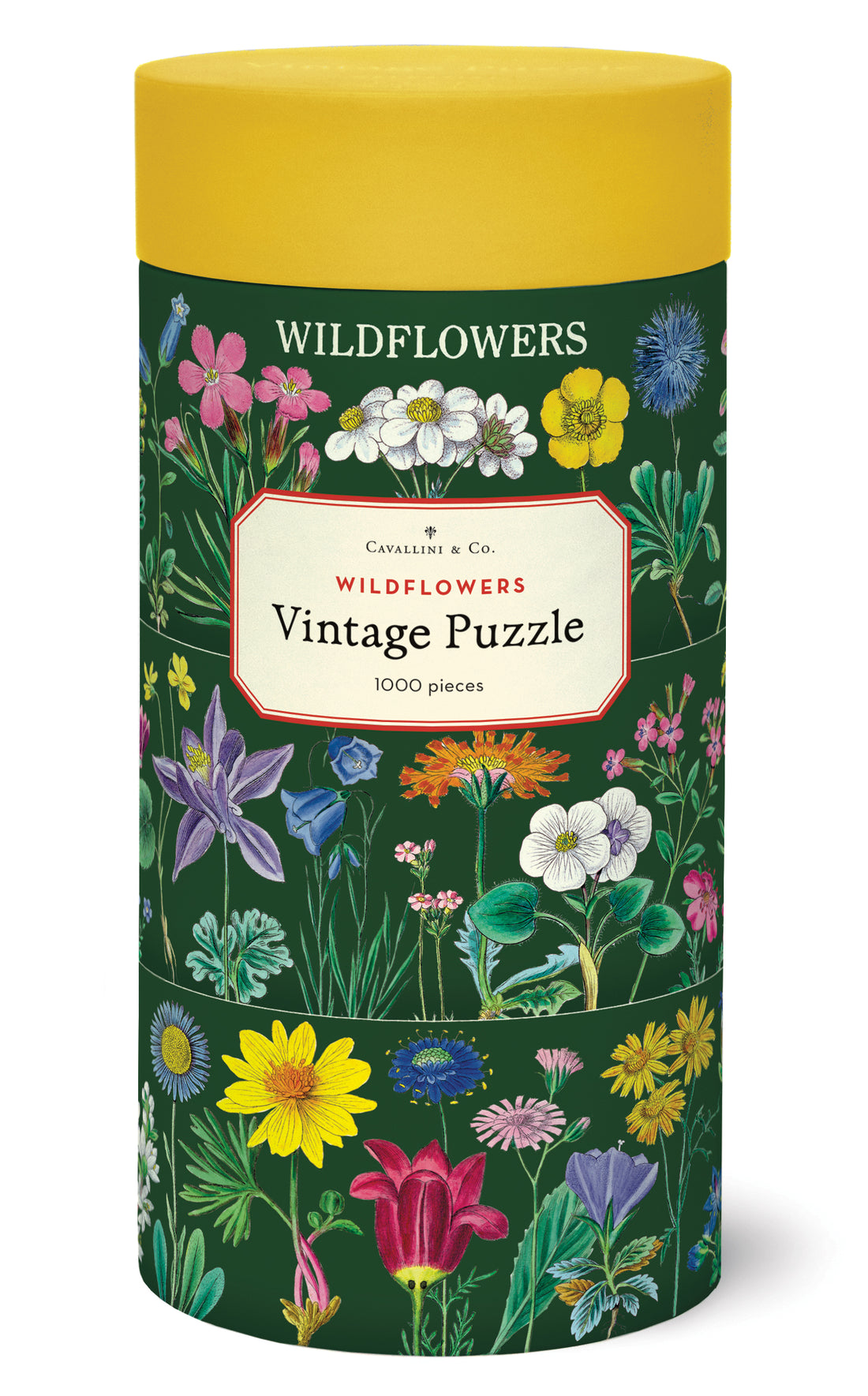 Wildflowers 2 Puzzle box with a cylindrical shape, vintage wildflower illustrations on a green background and a marigold lid.