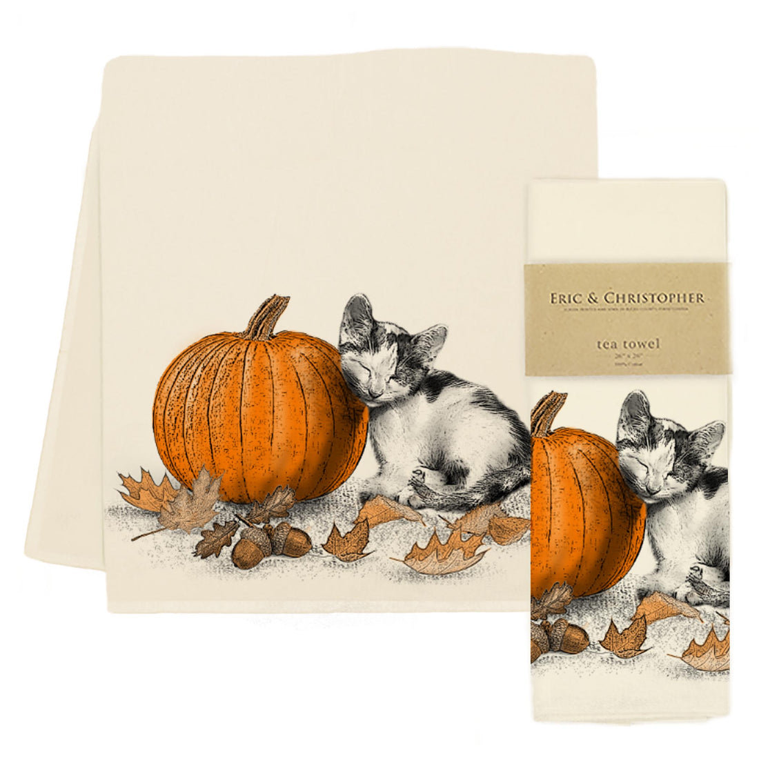 tea towel with image of sleeping cat leaning on a pumpkin