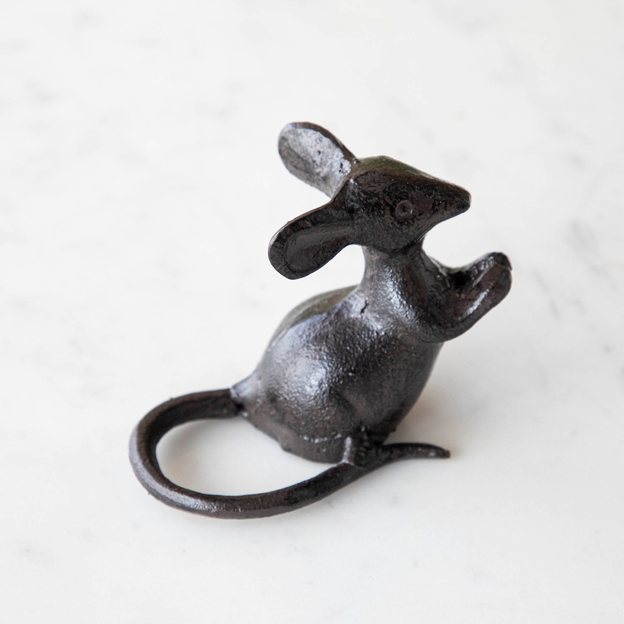 A cast iron mouse on a marble table.