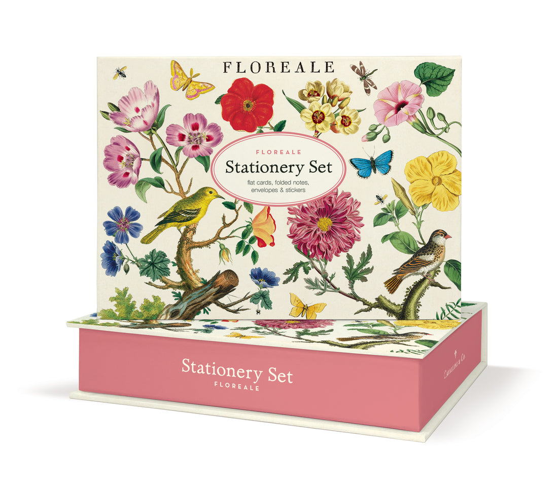 Floreale Stationery Set by Cavallini, featuring vintage images of flowers and birds.