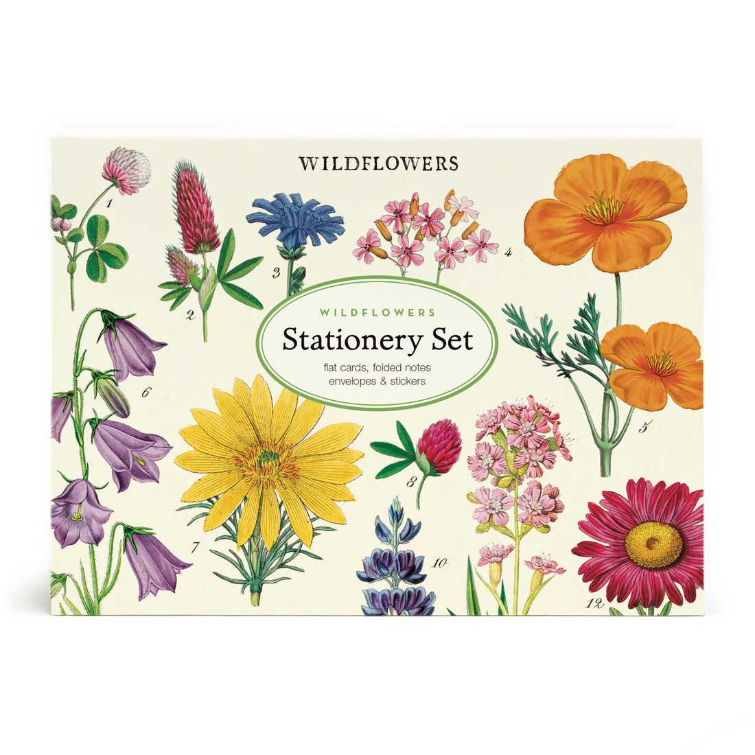 A Cavallini Papers &amp; Co Wildflowers Stationery Set featuring correspondence cards with illustrations of various colorful wildflowers.