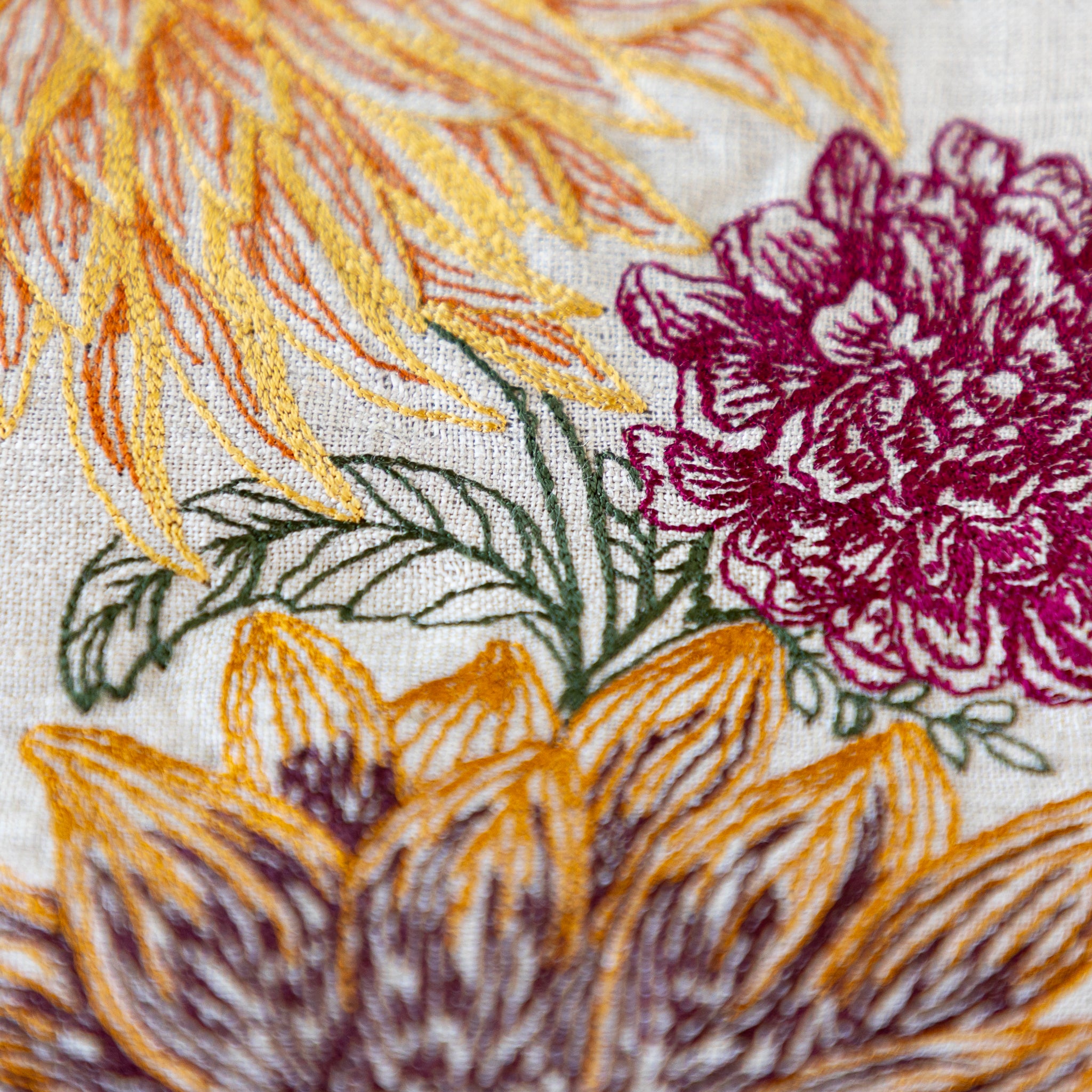 Close-up of floral embroidery with yellow, purple, and green flowers on a beige fabric background.