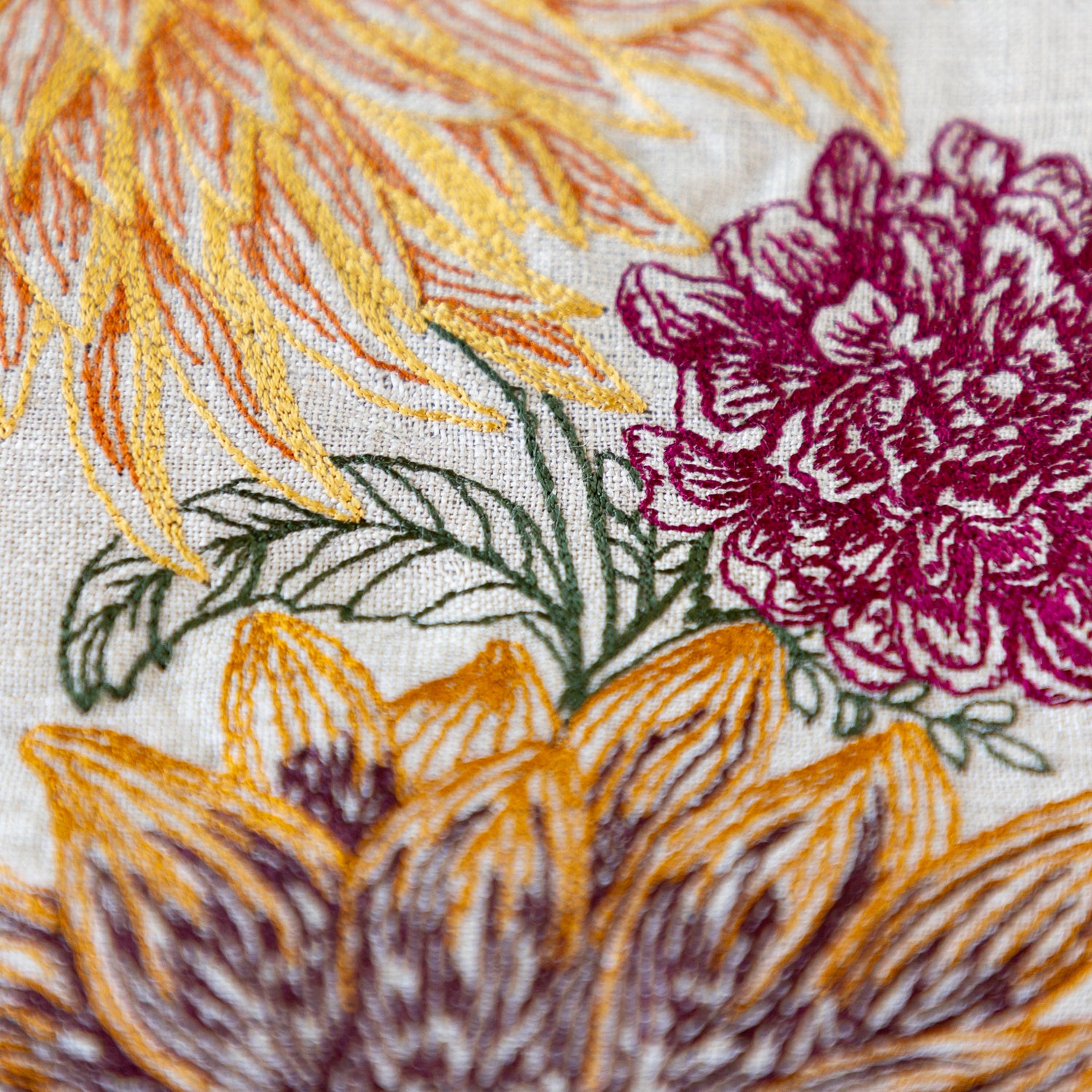 Close-up of floral embroidery with yellow, purple, and green flowers on a beige fabric background.