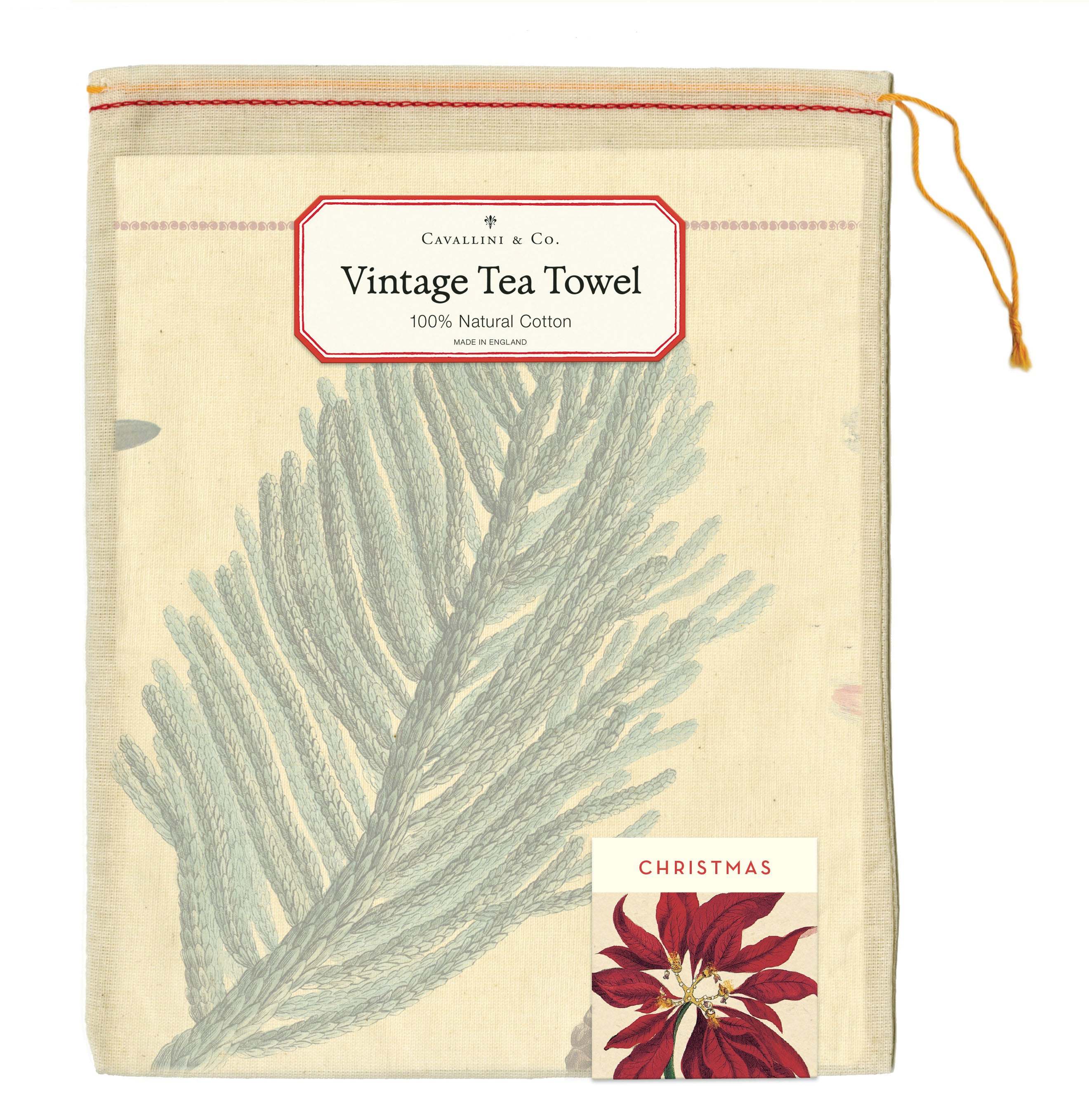 Botanical Christmas tea towel featuring poinsettias and pine cones by Cavallini Papers & Co, packaged in a drawstring muslin bag.