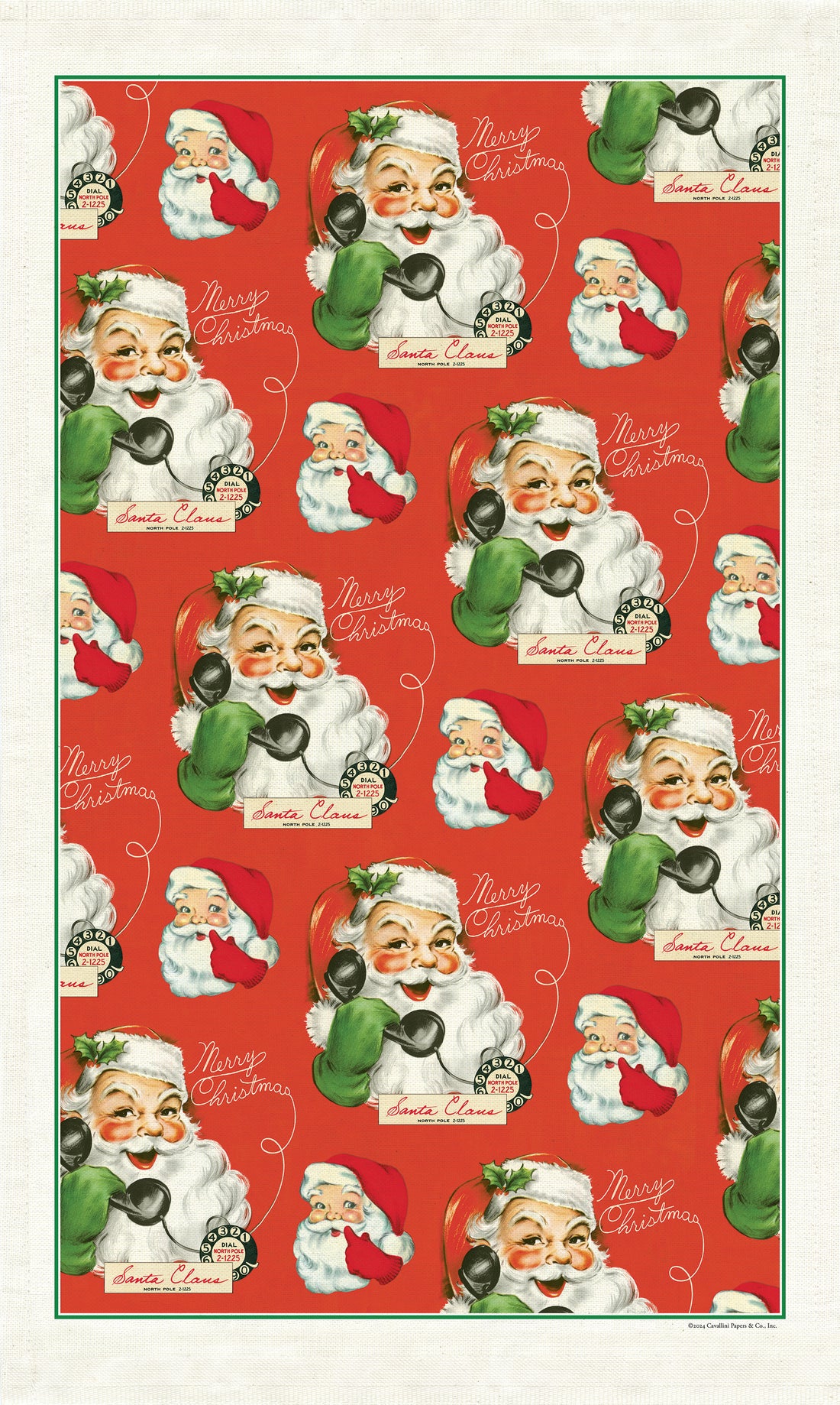 Tea towel by Cavallini with an illustration of a vintage-style Santa Claus holding a phone  on a red background. 