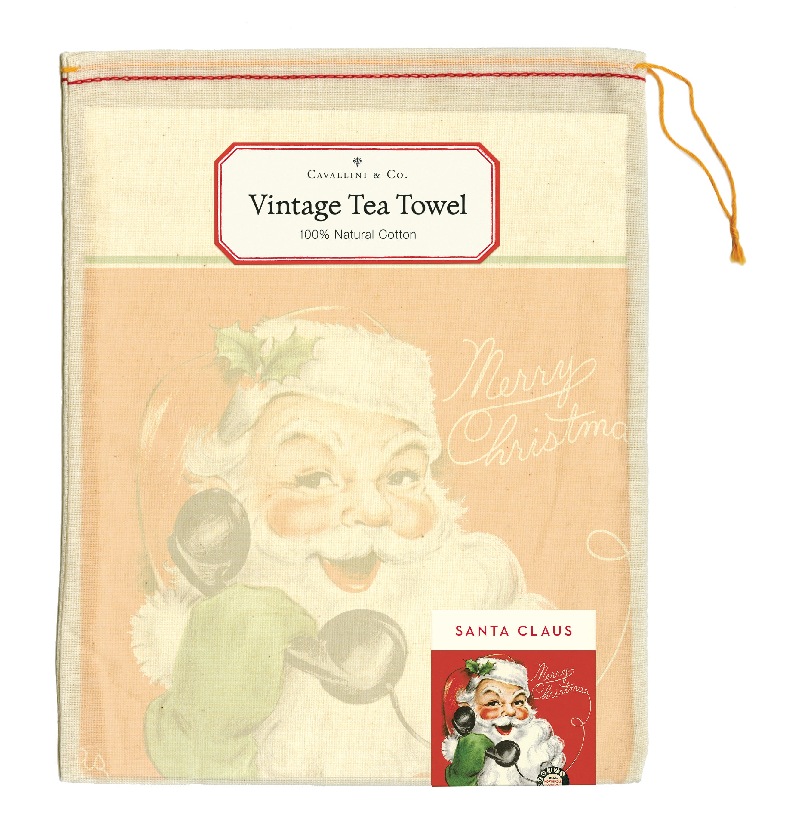 Vintage-style tea towel with Santa Claus design and Cavallini & Co. branding.