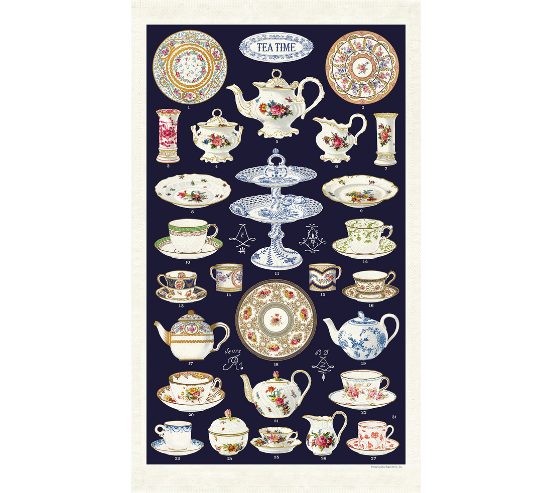 Tea Time Tea Towel featuring images from the Cavallini archives of vintage china used during tea time, on a navy background.