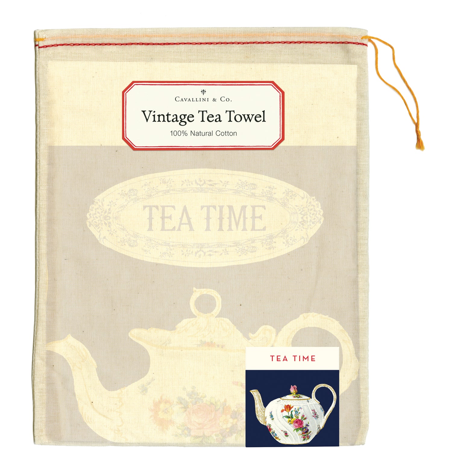 The front of the Tea Time Tea Towel muslin drawstring bag.