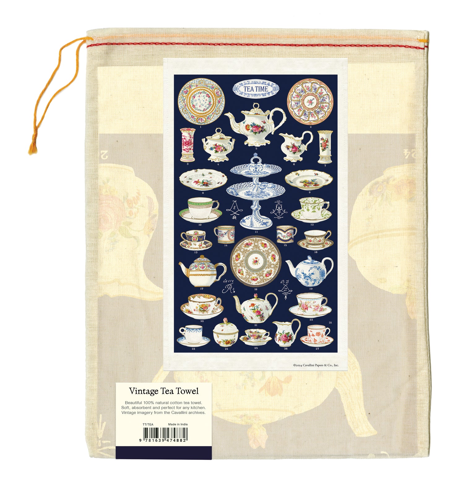 The back of the Tea Time Tea Towel bag showing an image of the towel.