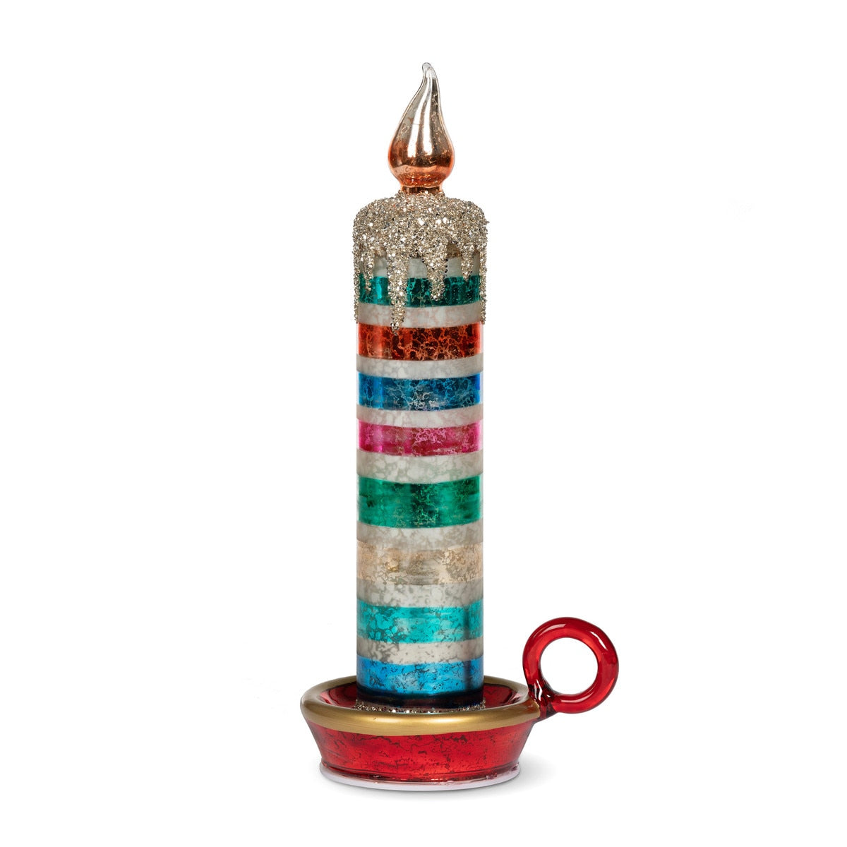 10.5" Retro Striped Glass Tabletop Candle with festive look.