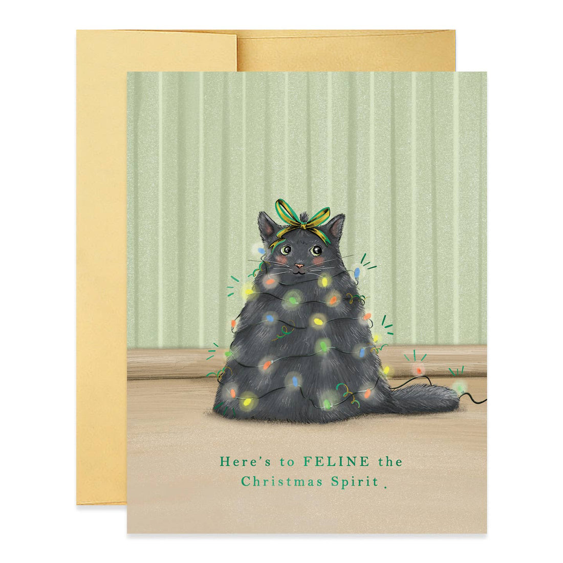 Greeting card with an illustration of a cat wrapped in Christmas lights.  At the bottom it says &quot;Here&