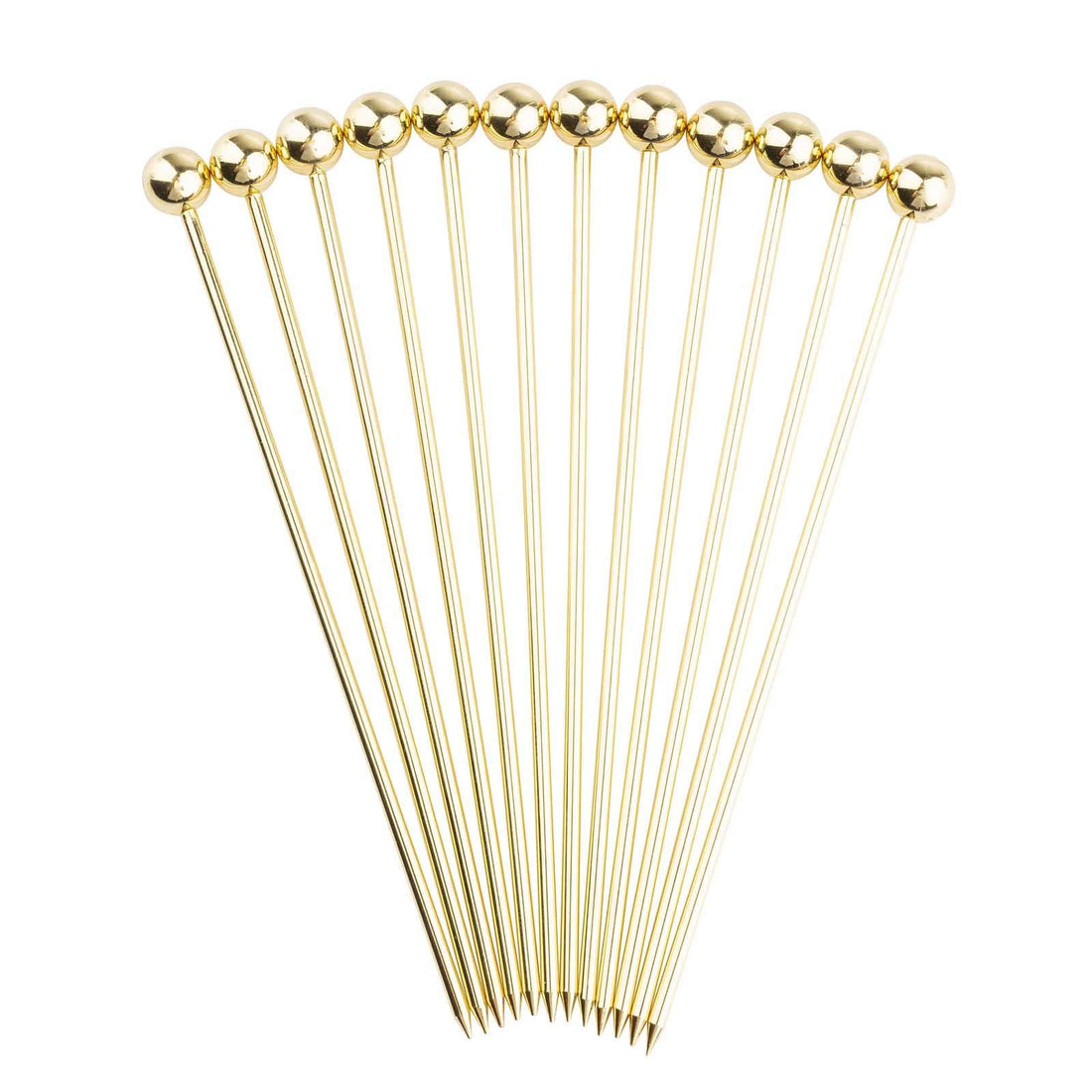 Set of 12 gold cocktail picks on a white background.