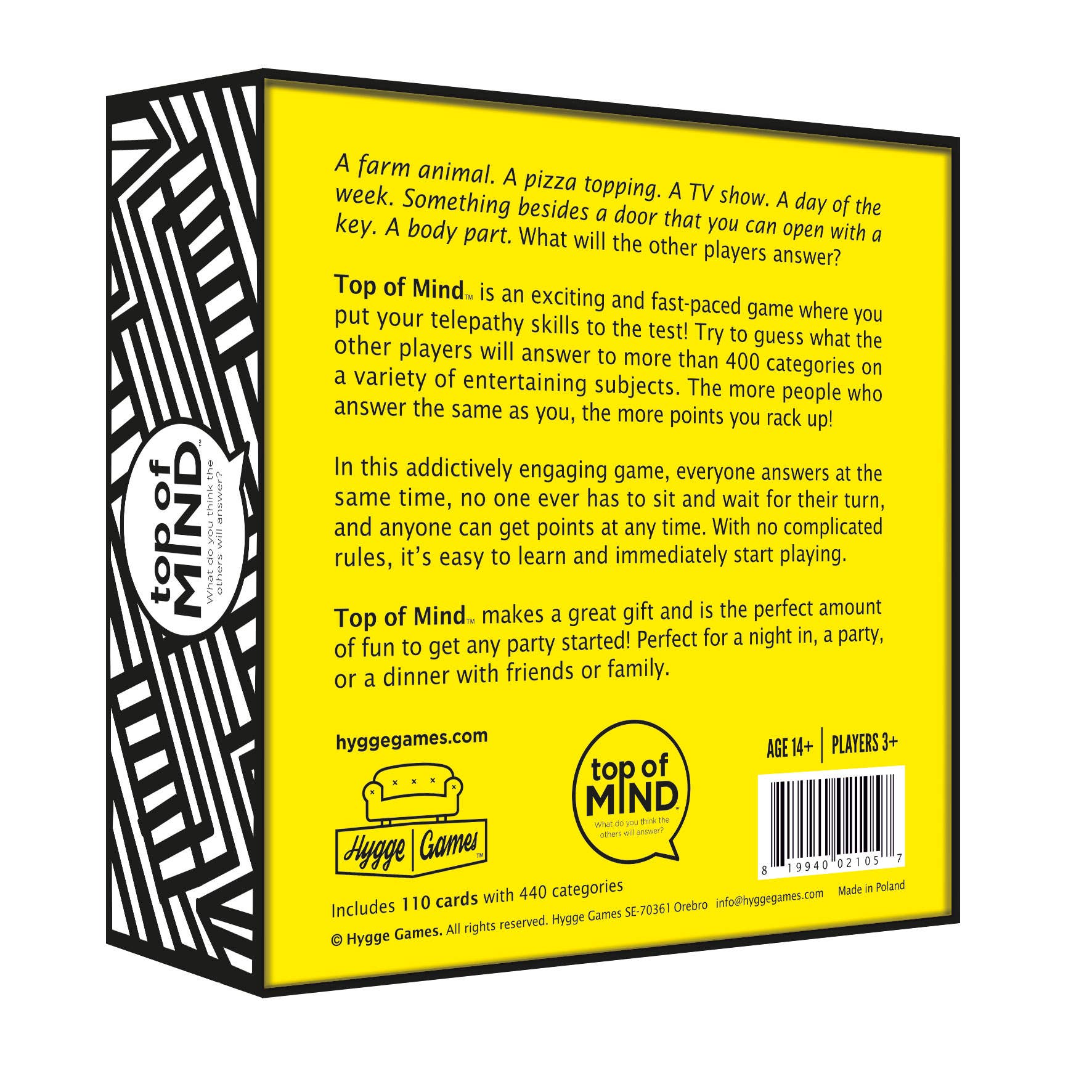 Top of Mind Game, back of the box.