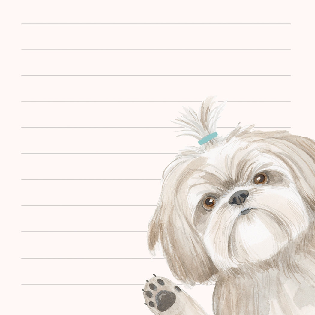 A lined notepad with an illustration of a shih tzu dog in the corner waving.  At the top of the notepad is printed &quot;Shihtz to do&quot;.