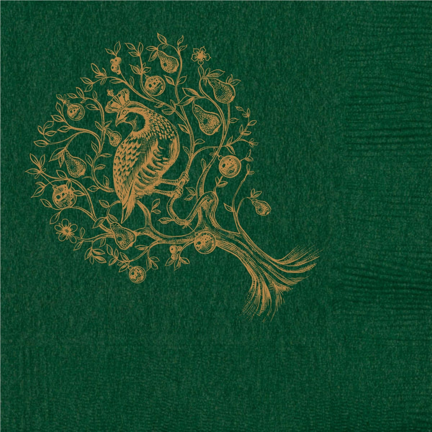 Decorative design of a bird and branches by Alexa Pulitzer on a green paper napkin.