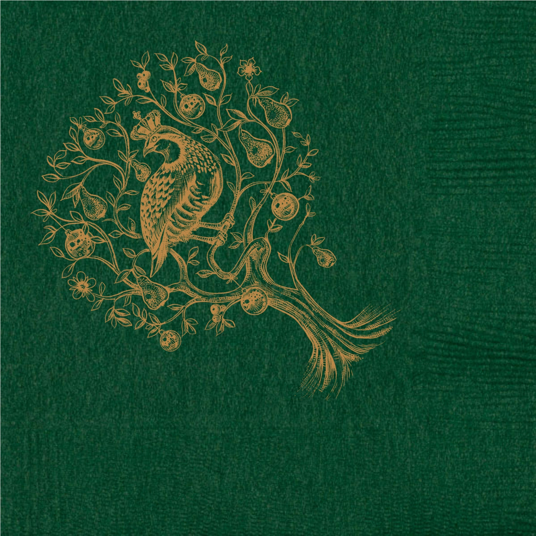 Decorative design of a bird and branches by Alexa Pulitzer on a green paper napkin. 