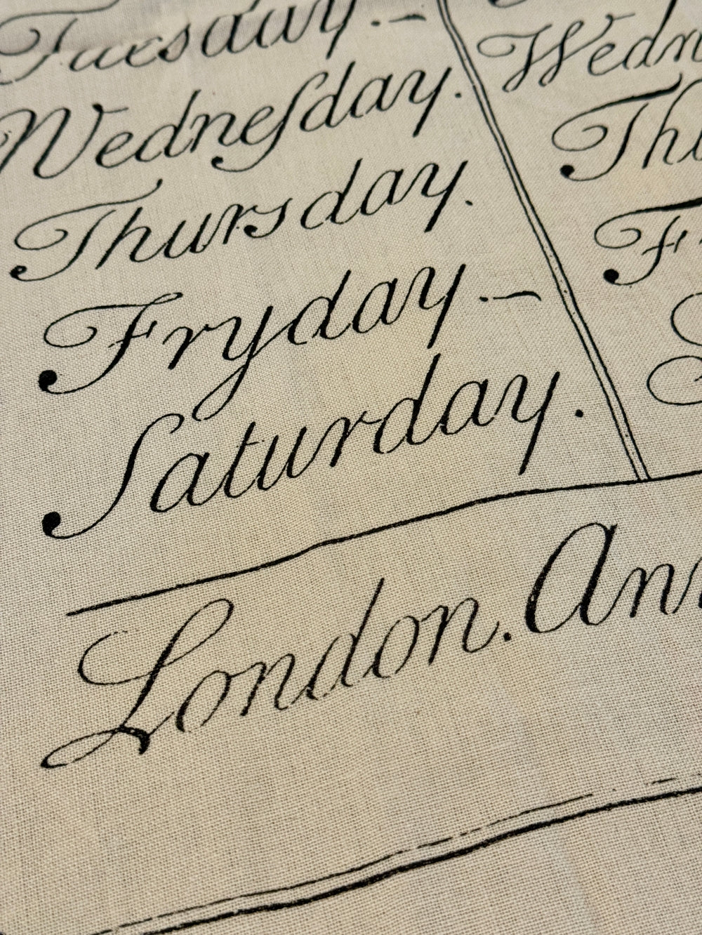 Close up of days of the week tea towel.