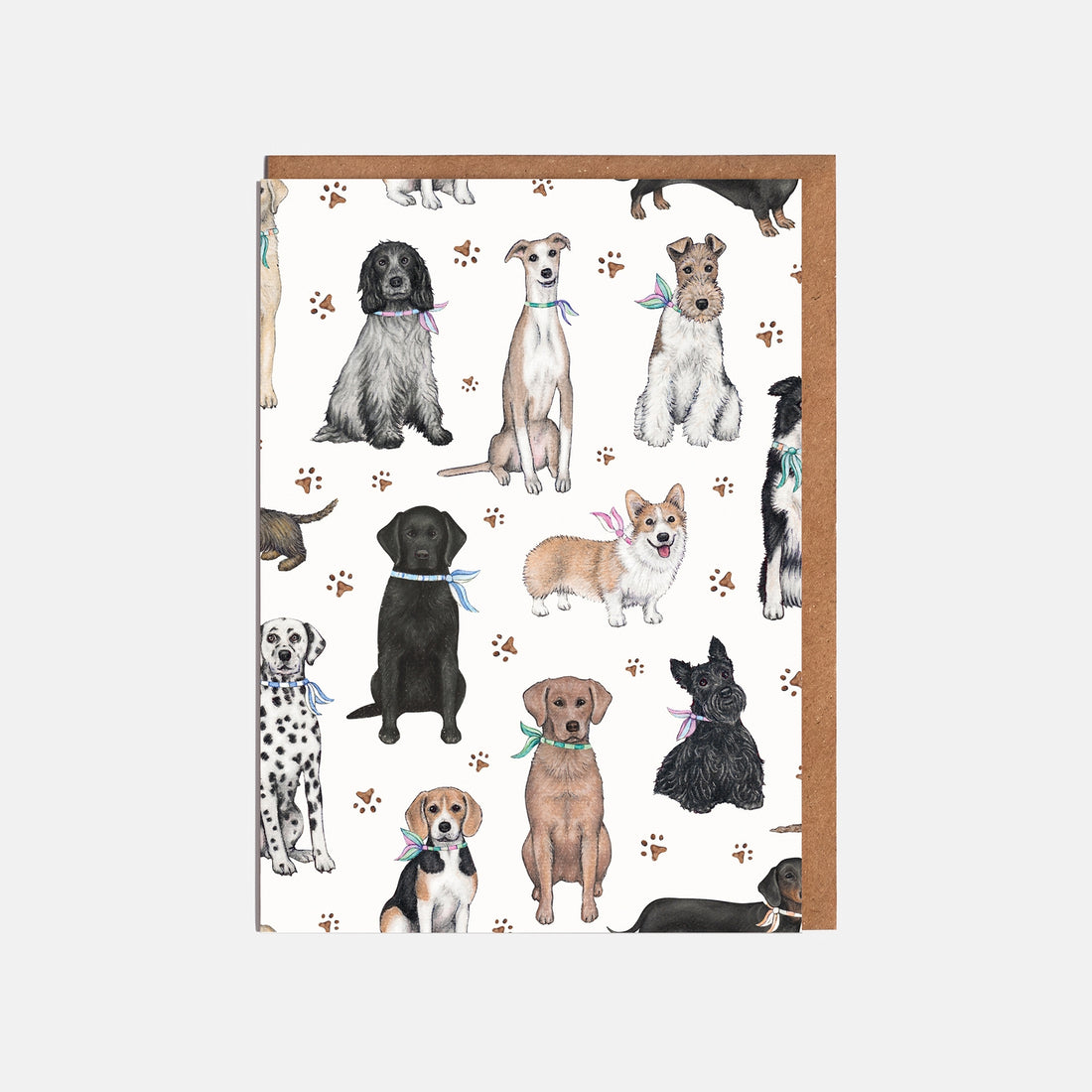 Greeting card with illustrations of various dogs on a white background