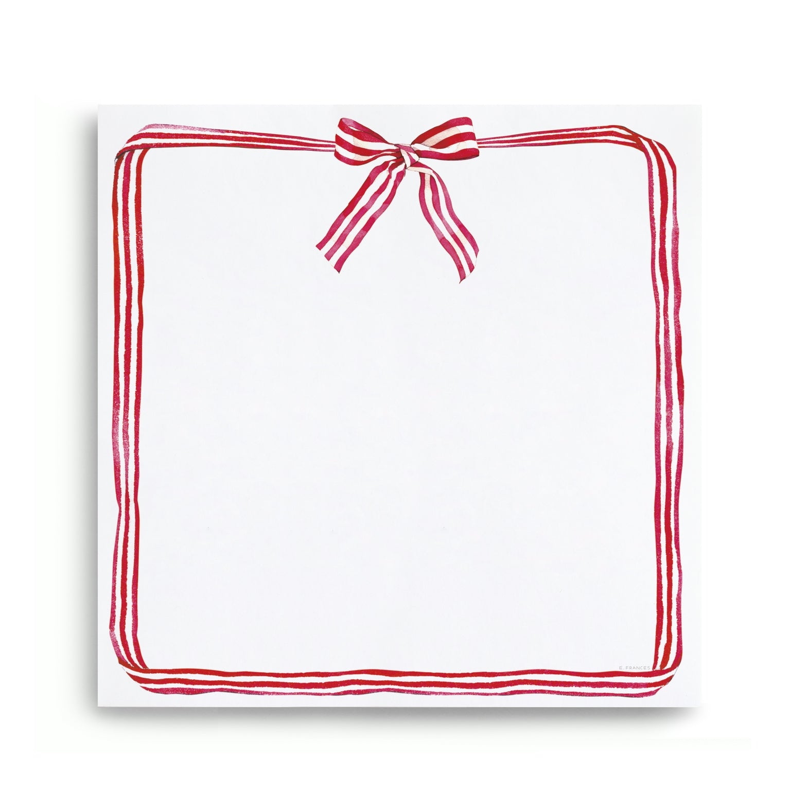 Square, white notepad with a candy stripe bow and ribbon design around the border on a white background.