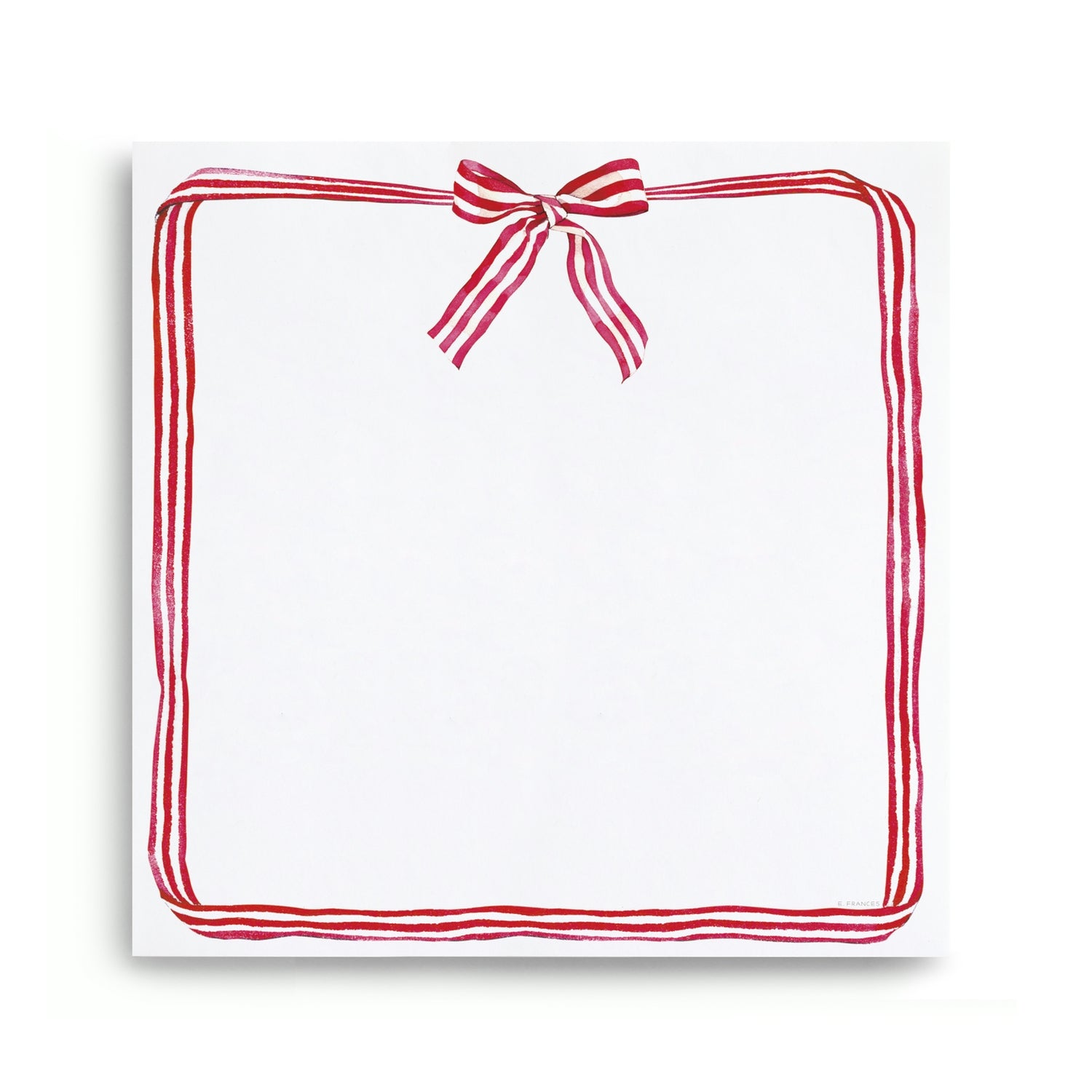Square, white notepad with a candy stripe bow and ribbon design around the border on a white background.
