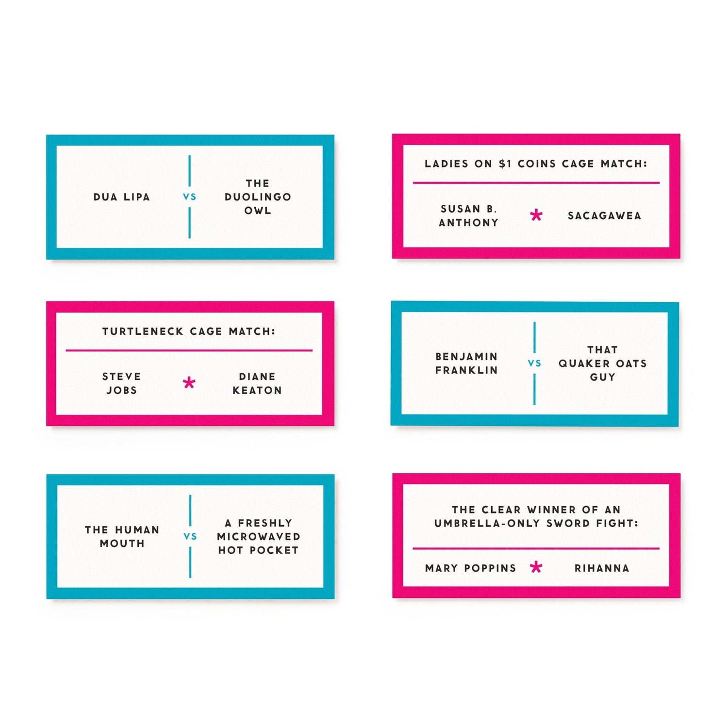 Set of humorous name tag cards with various comparisons and names on a white background.