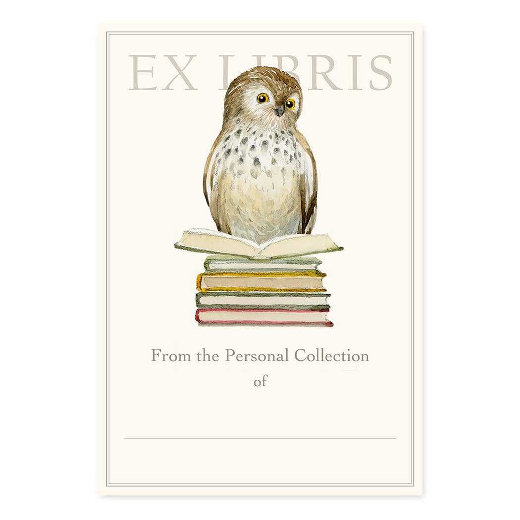 Bookplate with artwork of an owl sitting on top of a stack of books. 