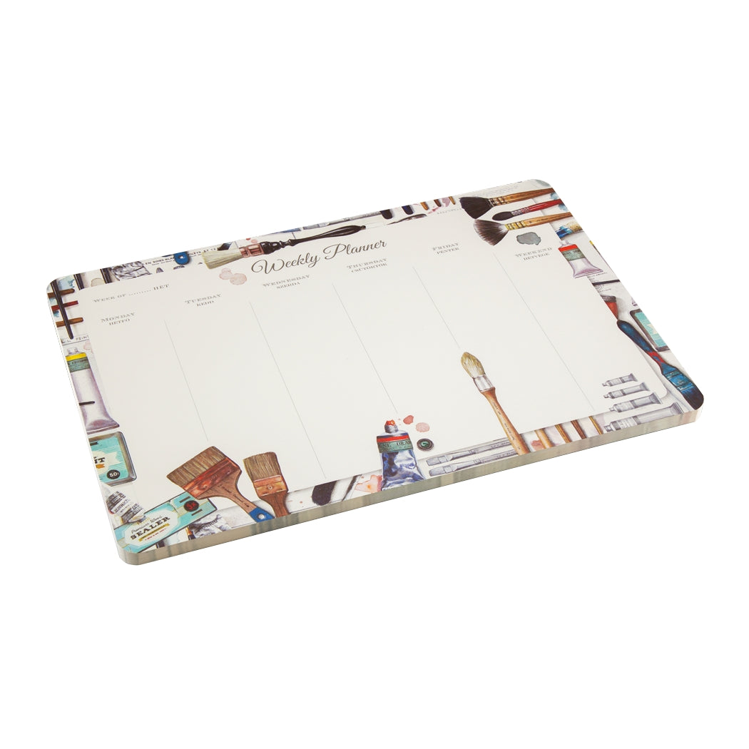 Weekly planner with artistic tools design on a white background