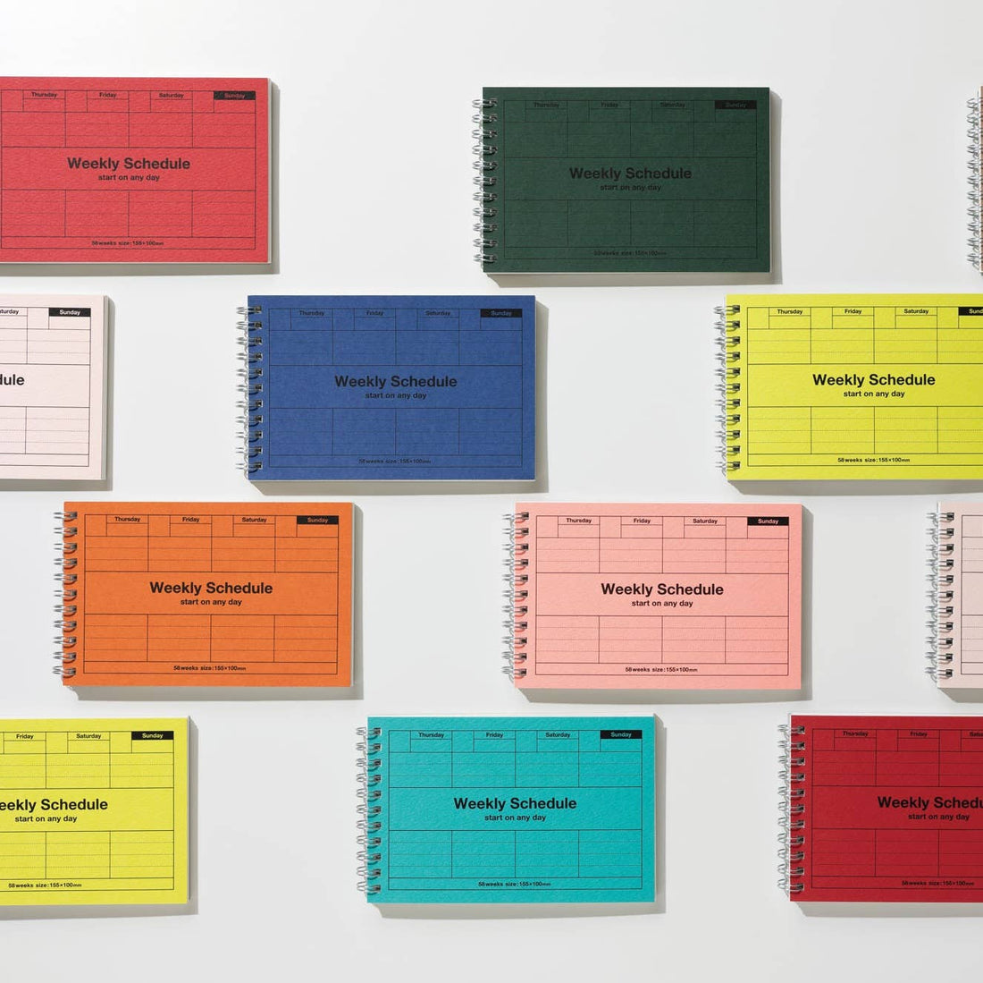 Collection of colorful weekly schedule planners on a white background.