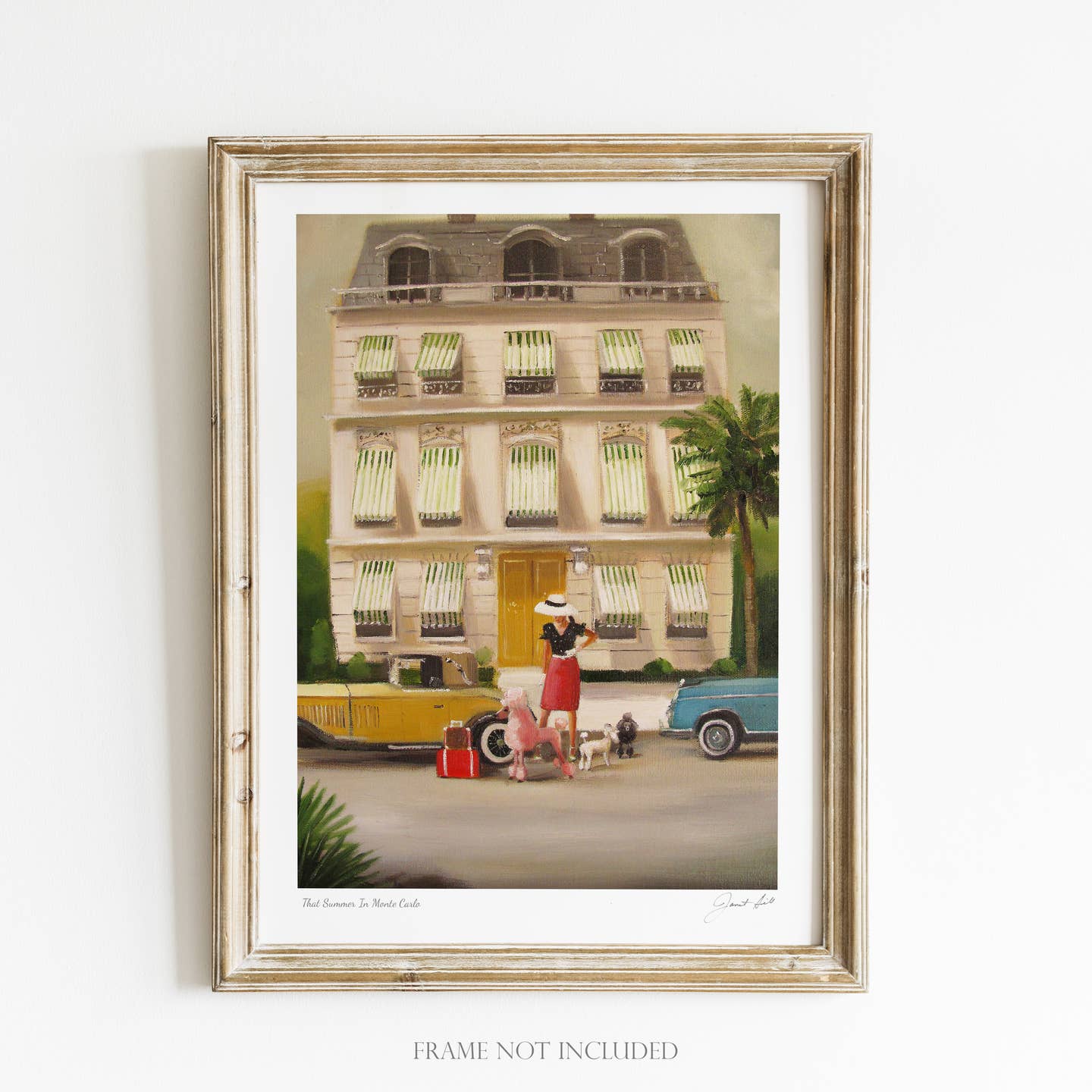 Artwork by Janet Hill depicting the outside of a hotel with green stripe awnings over the windows and a yellow sports car in front with a woman holding several dogs.