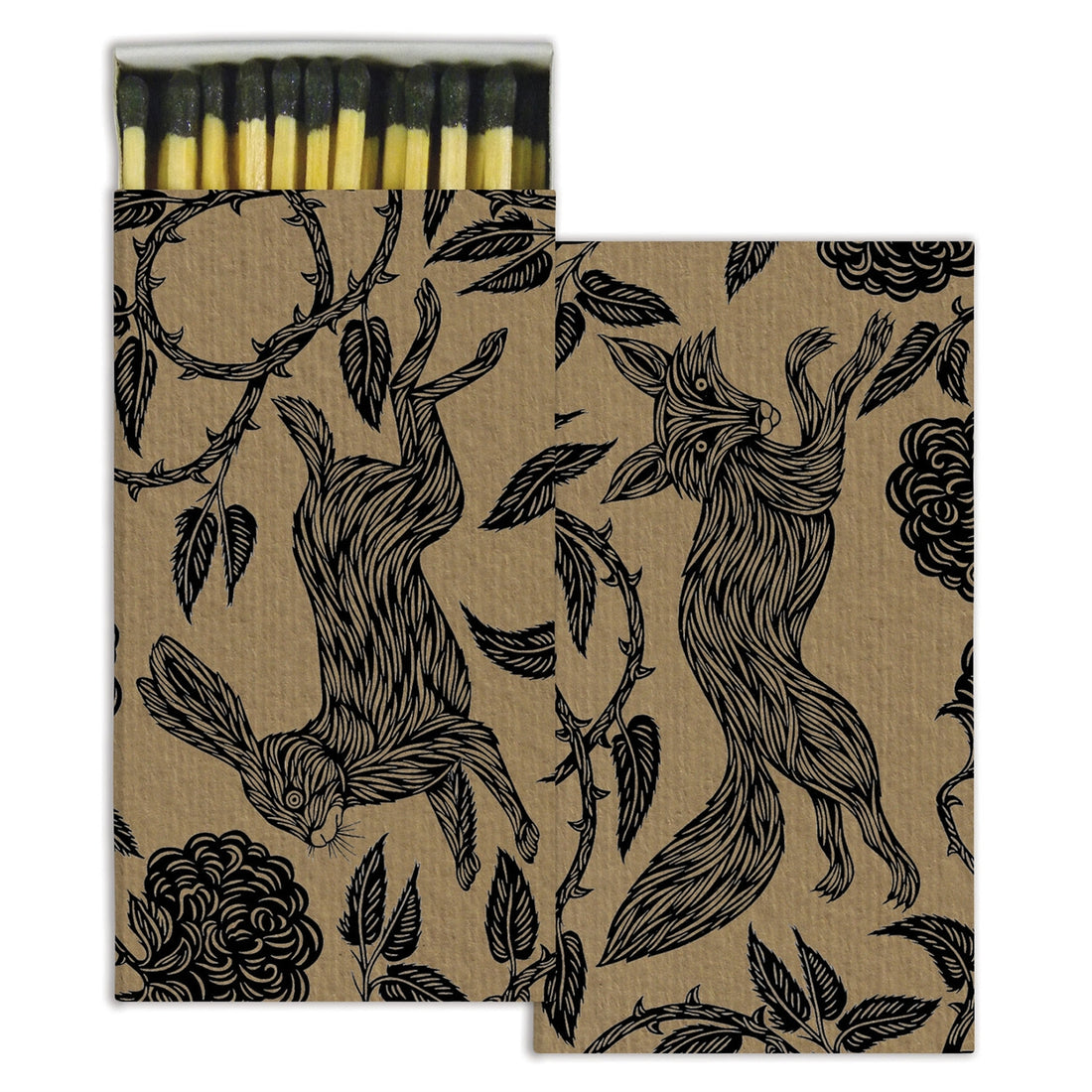 Matches with artwork featuring a bunny on one side and a fox on the other. 