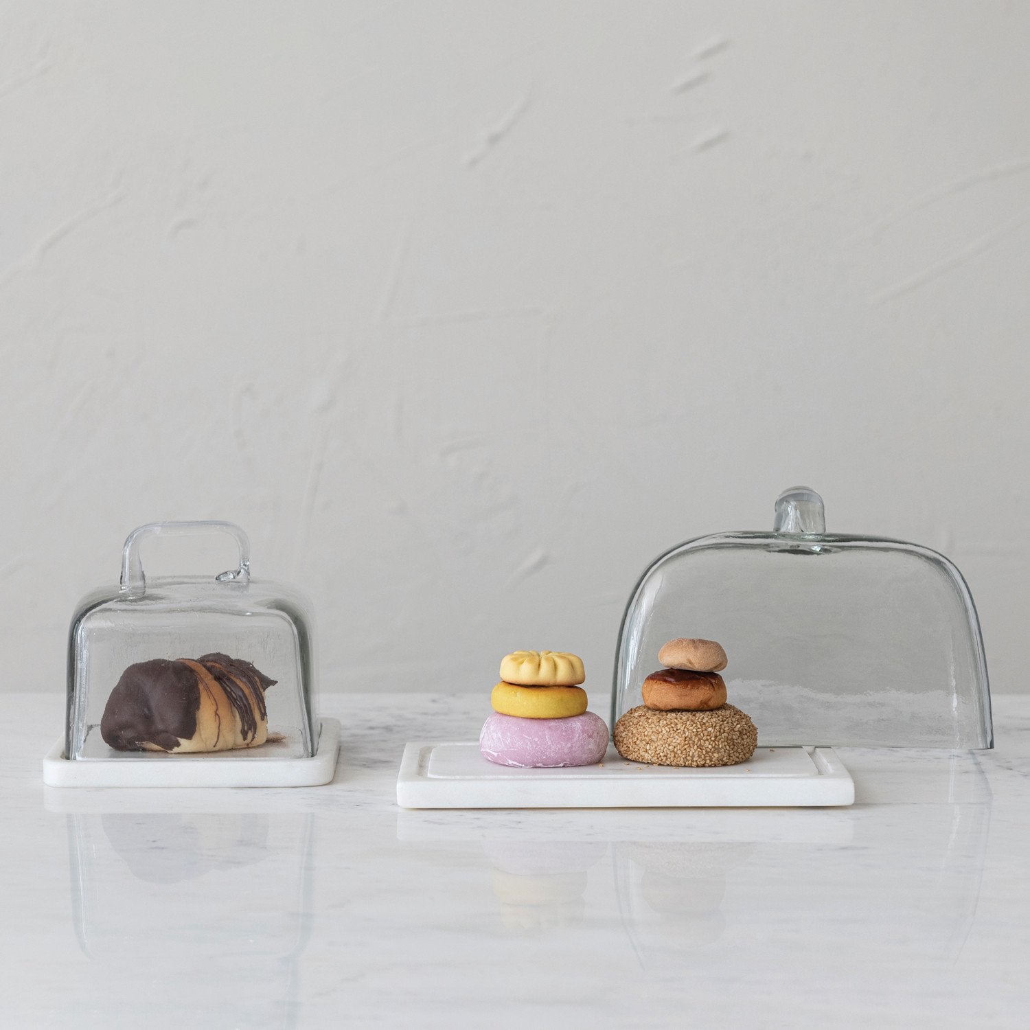 Glass Cloche with White Marble Base in 2 styles.