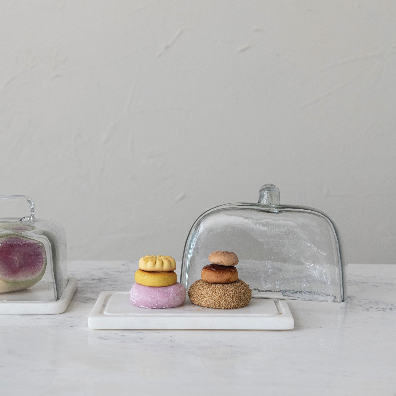 Glass Cloche with White Marble Base in 2 styles.