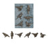 A collection of pewter bird-shaped magnets displayed on a surface.