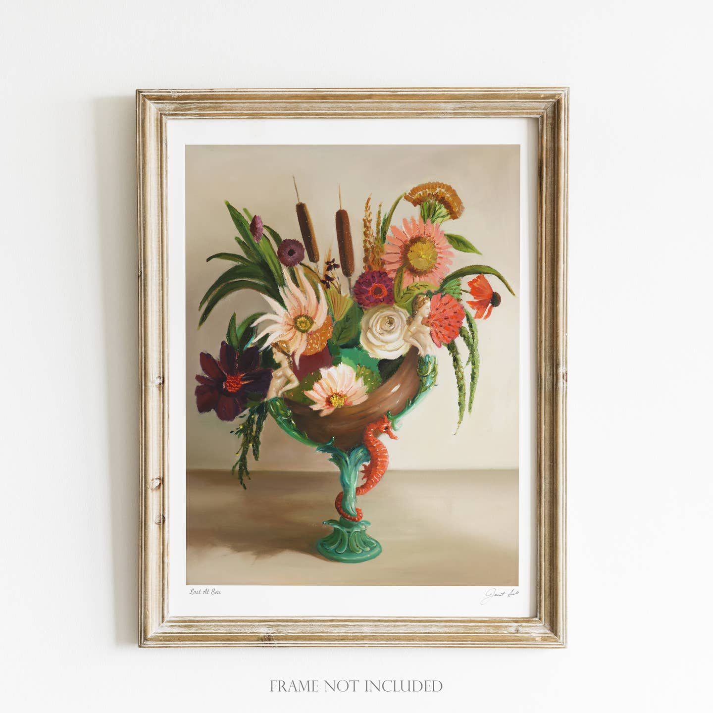 Artwork by Janet Hill depicting a vase with various flowers in it.