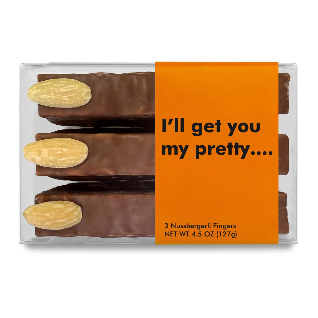 A clear box with 3 chocolate sticks that look like fingers that have almond fingernails with an orange product label that reads &quot;I&