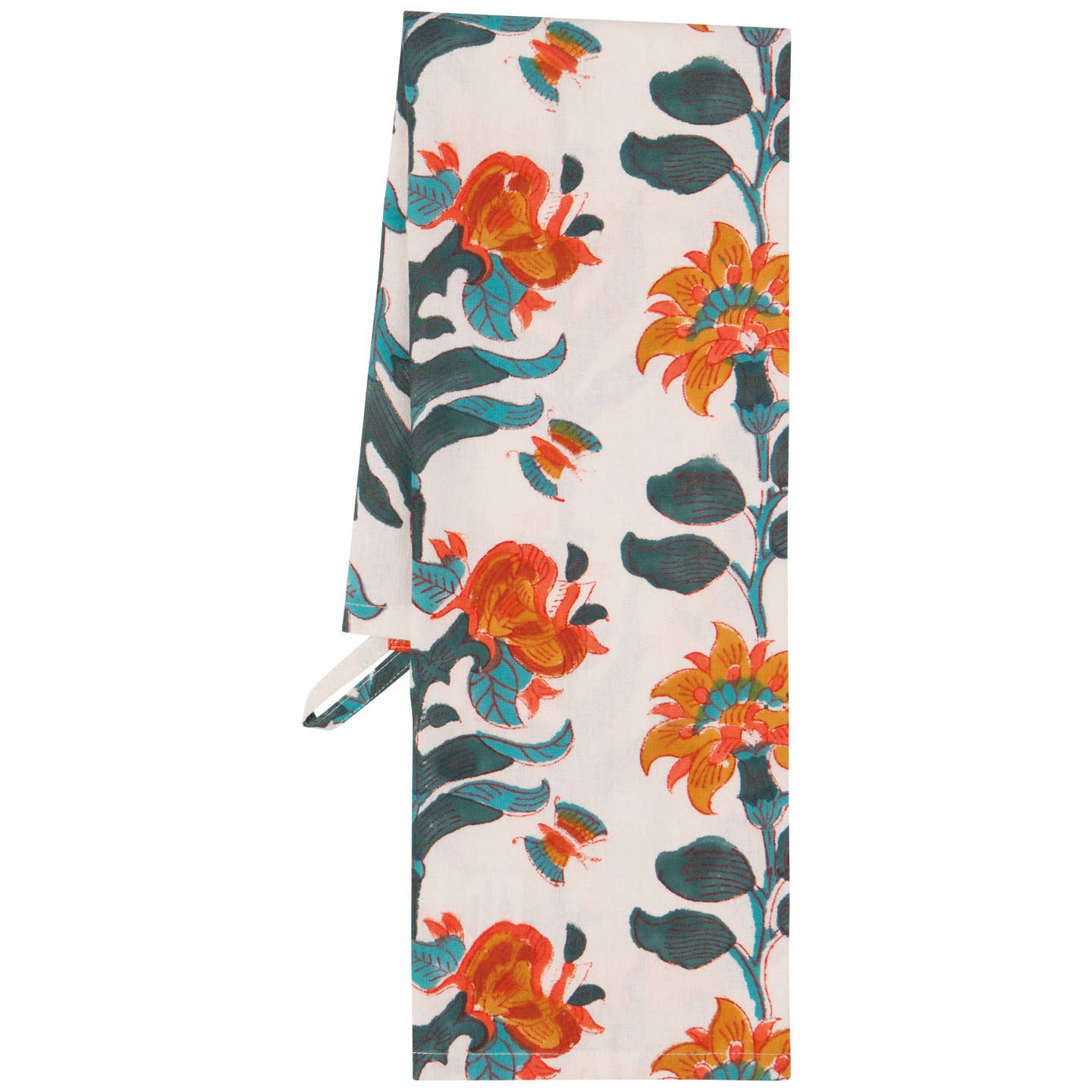 Tea towel with marigolds printed all over it.