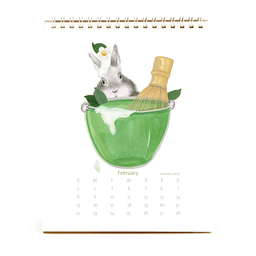 2026 Dear Hancock Bunny Calendar featuring a bunny hiding behind a bowl of matcha.