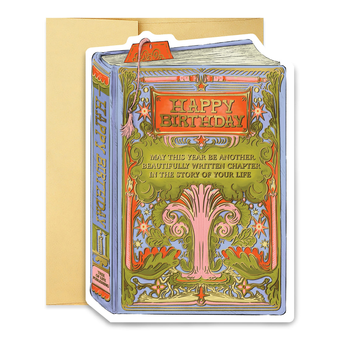 Die-cut greeting card in the shape of a book cover printed with gold foil lettering saying &quot;May this year be another beautifully written chapter in the story of your life.&quot;