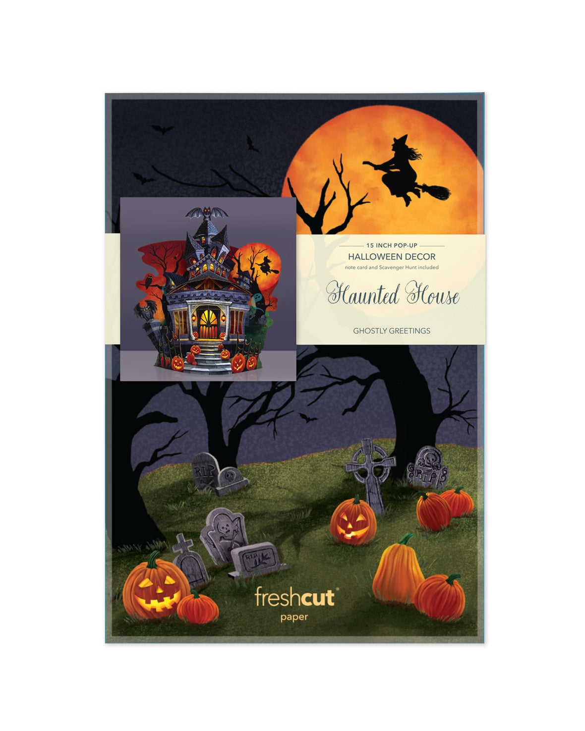 Halloween-themed paper set with haunted house design, pumpkins, and a witch on a broom.
